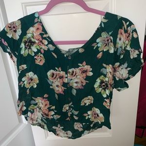 Green flower button up crop top